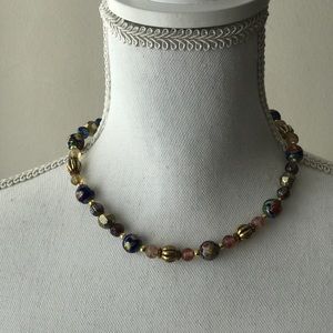 Blue floral cloustine band glass bead necklace v